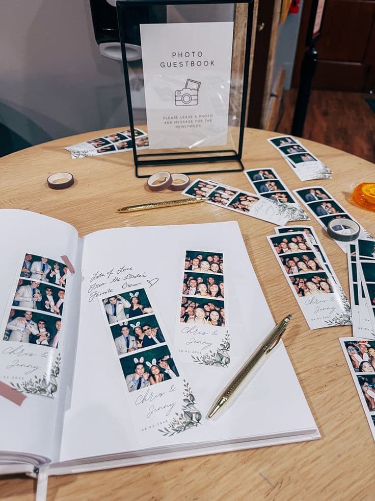 Estación creativa de libro de firmas con photobooth con impresiones instantáneas y configuración de scrapbook