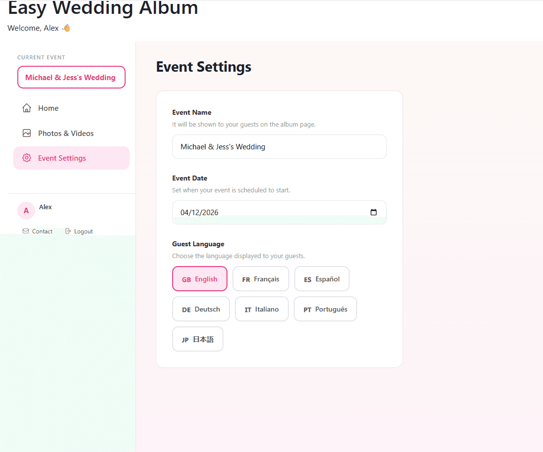 Console admin Easy Wedding Album — paramètres de l'événement : nom, date et langue des invités