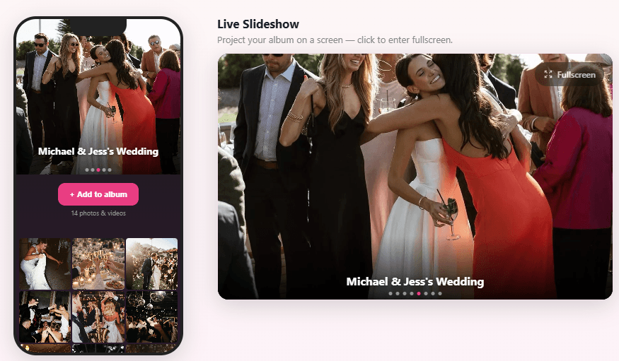 Bouton Diaporama en Direct dans le tableau de bord Easy Wedding Album