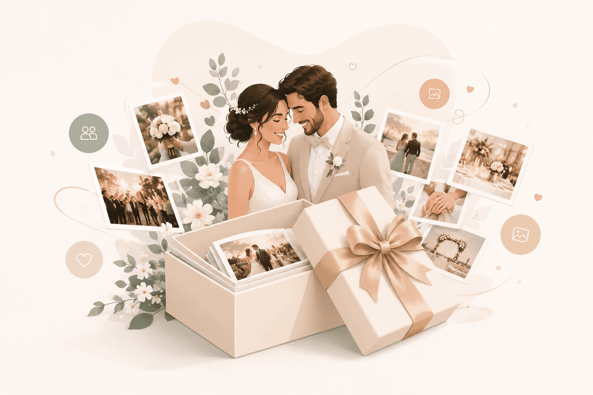 Oferecer um álbum de casamento — convidados a usar o QR code na receção