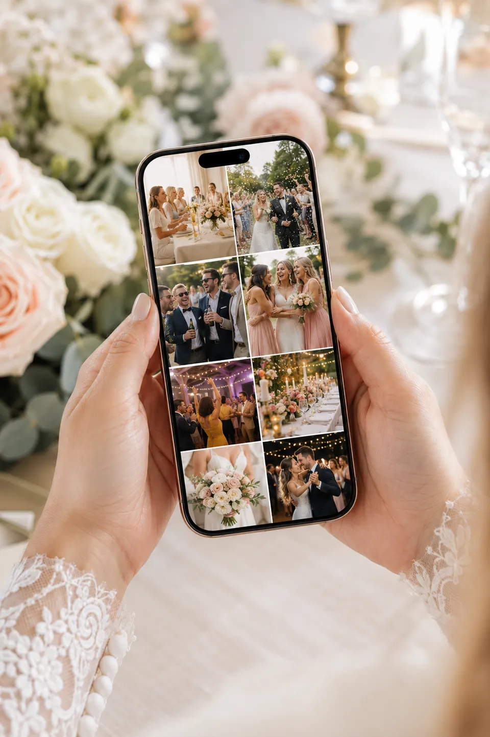 A bride looking at her wedding album, filled with photos taken by her guests