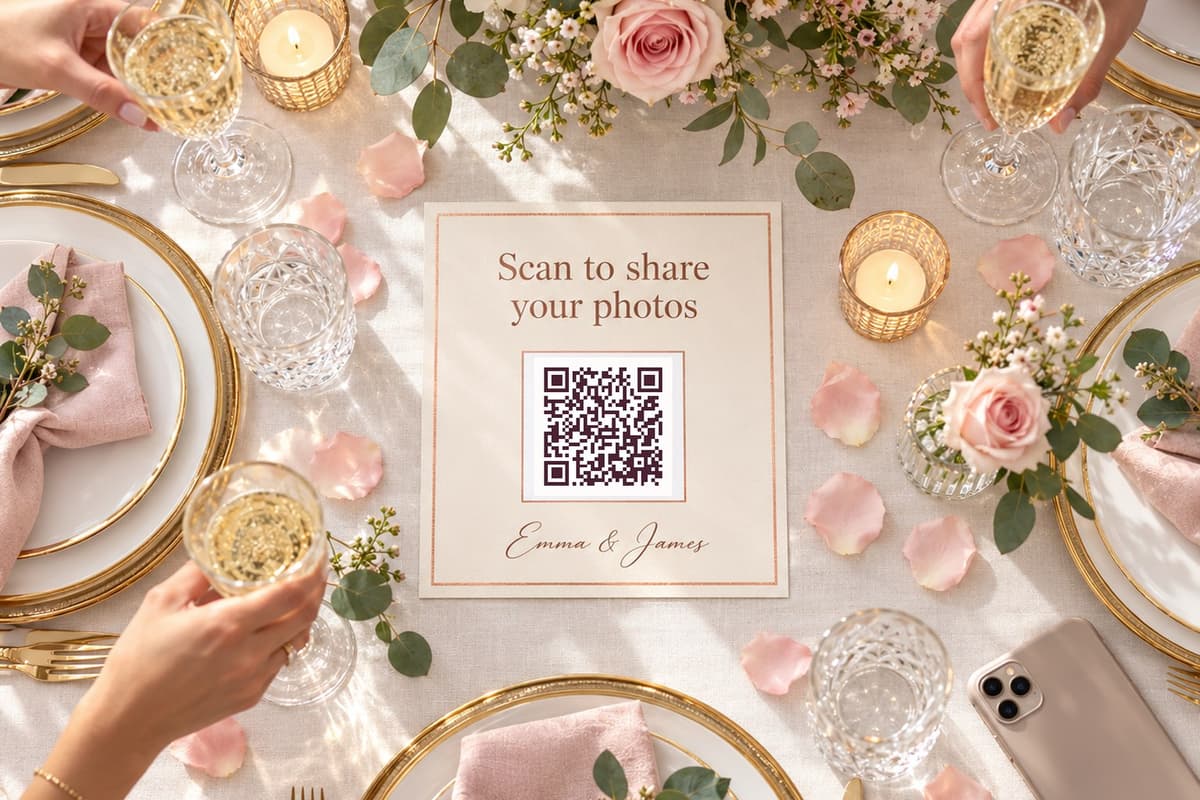Wedding table card reading “Scan to share your photos” with a QR code, on a reception table with roses and champagne
