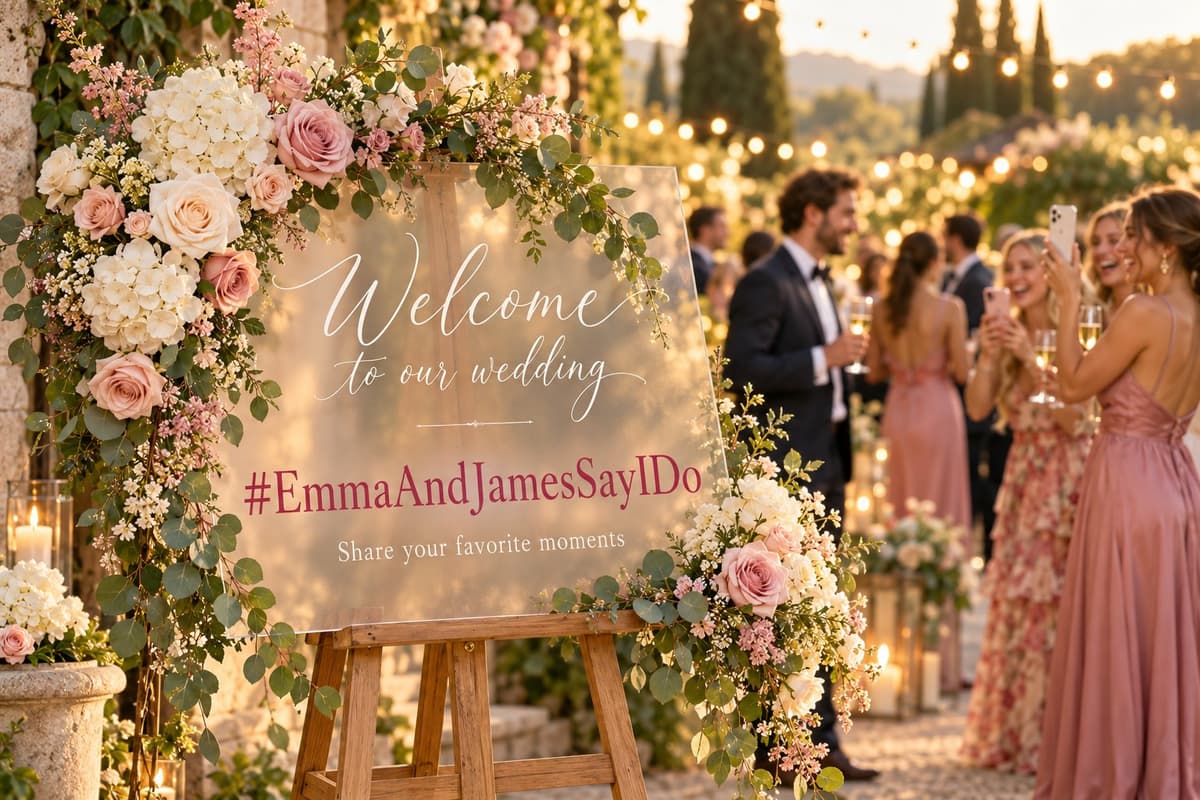 Wedding welcome sign with the hashtag #EmmaAndJamesSayIDo surrounded by roses at a garden reception