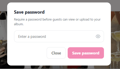 Fenêtre de mot de passe demandant un code avant que les invités puissent voir ou envoyer des photos