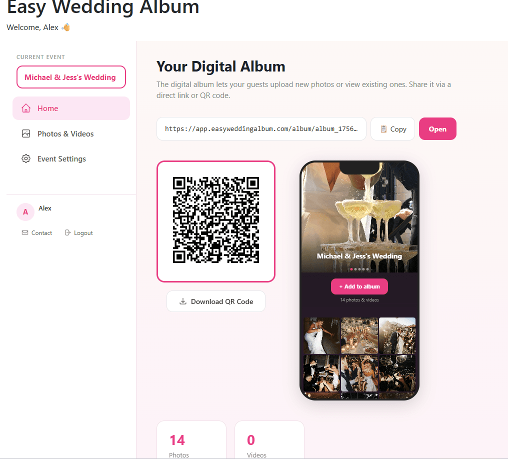 Easy Wedding Album — Panel del código QR Panel de Easy Wedding Album mostrando el código QR único de la pareja, el enlace del álbum y el contador de fotos en vivo
