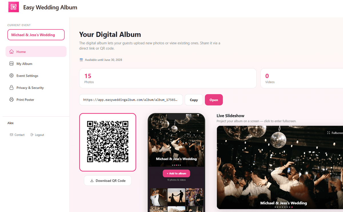 Easy Wedding Album — Panel del código QR Panel de Easy Wedding Album mostrando el código QR único de la pareja, el enlace del álbum y el contador de fotos en vivo