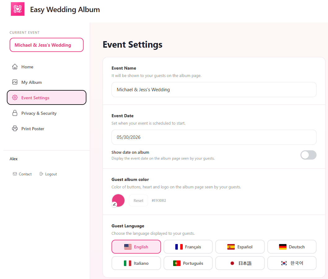 Interrupteurs Modération Photos et Cacher la galerie dans les Paramètres de l'événement Easy Wedding Album