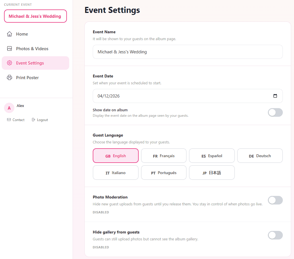 Easy Wedding Album — Configuración del evento Panel de administración de Easy Wedding Album — configuración del evento: nombre, fecha e idioma de los invitados