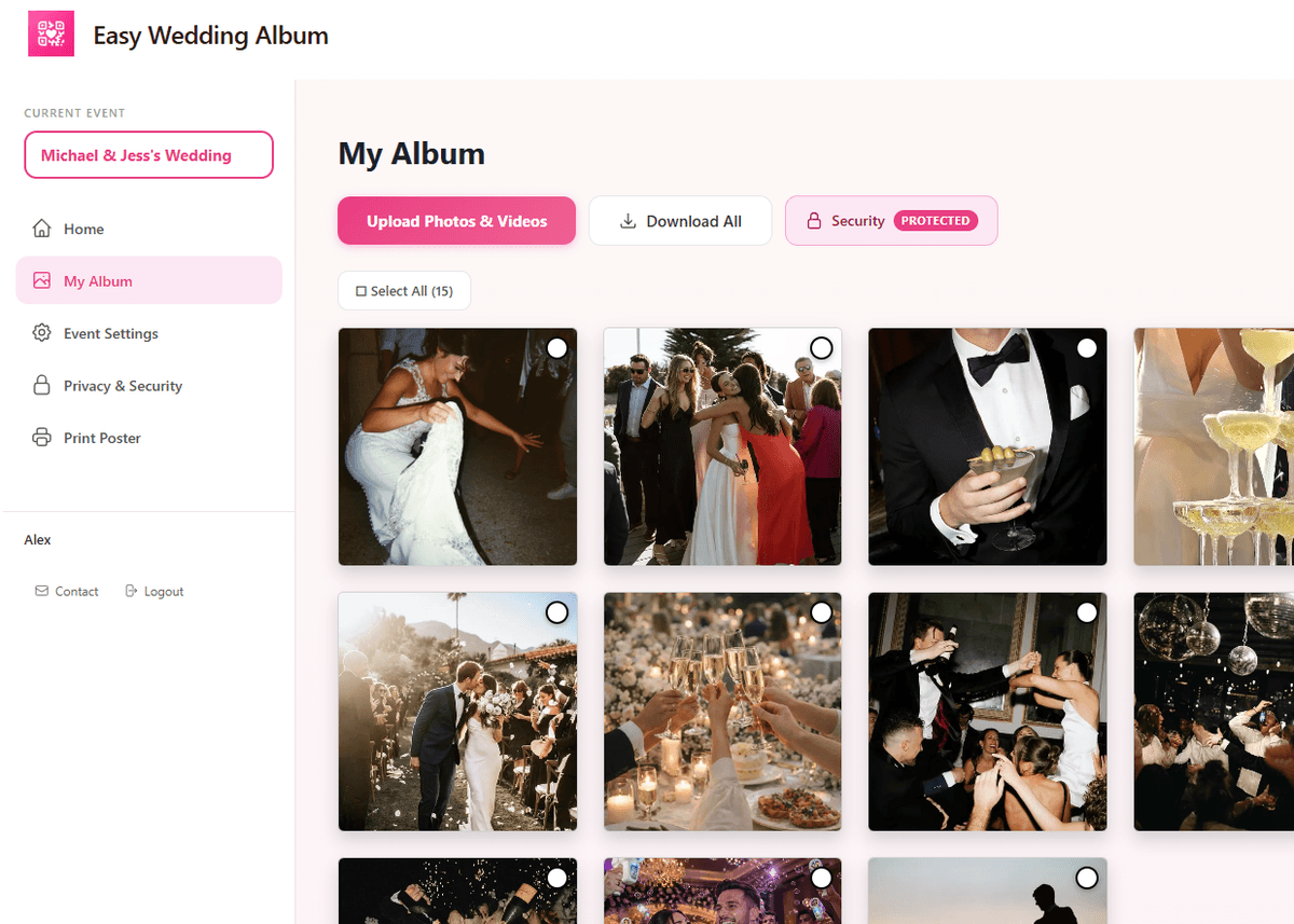 Easy Wedding Album — Galería de fotos y vídeos Galería de fotos y vídeos de Easy Wedding Album — panel admin de la pareja mostrando todas las fotos subidas por los invitados con botón de descargar todo